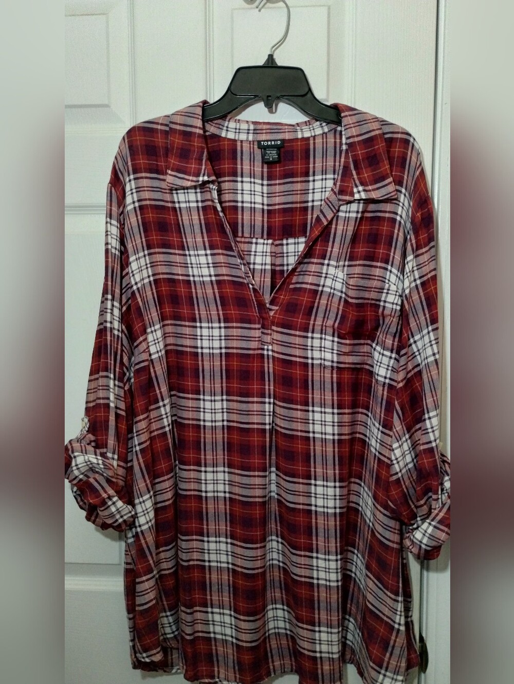 Torrid Burgundy Plaid Collard V-Neck Pullover Shirt With Roll Tab Sleeves